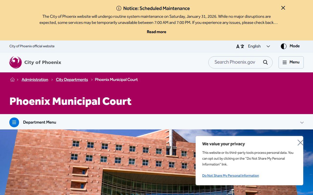 Phoenix Municipal Court homepage