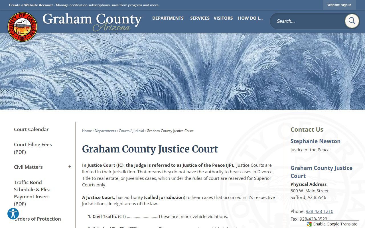 Graham County Justice Court information page