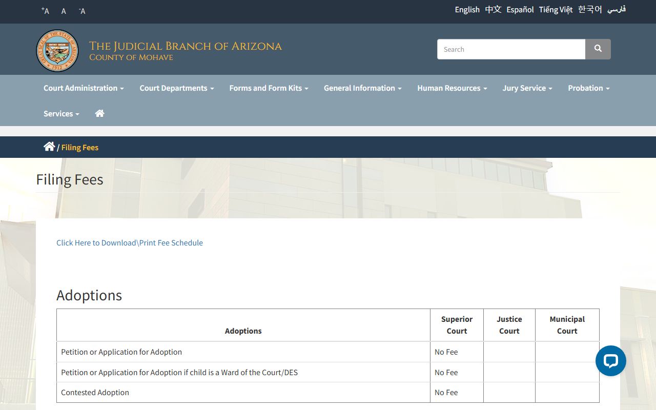 Mohave County court fee schedule