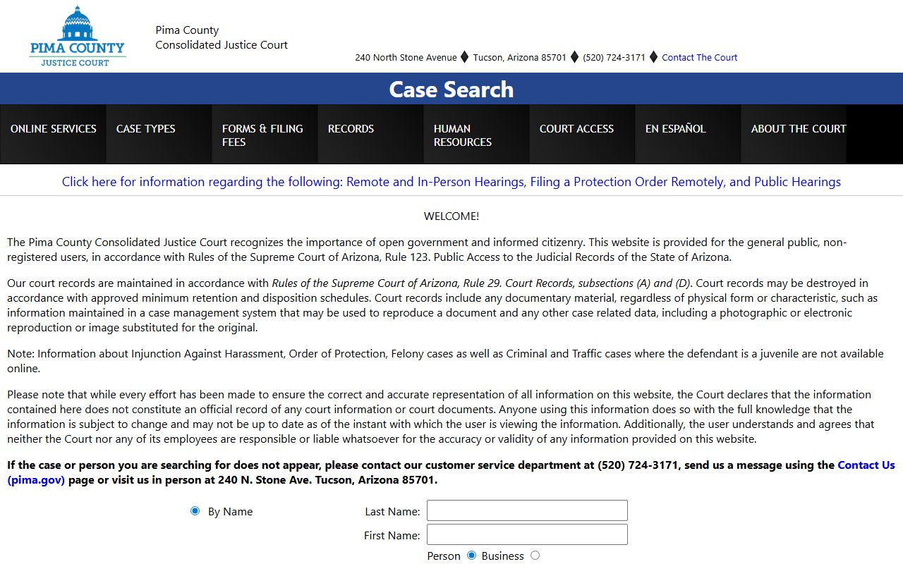 Pima County Justice Court online case search
