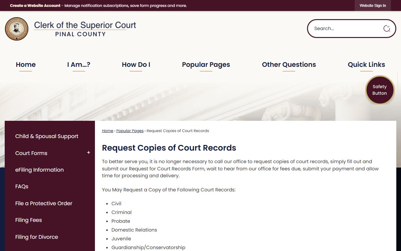 Pinal County court records request page