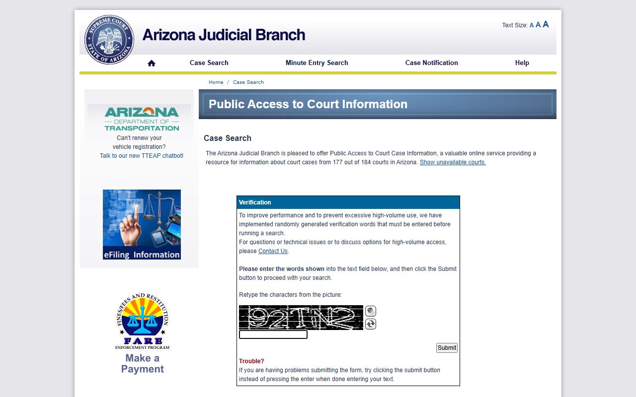 Arizona PACCI statewide civil court case search portal