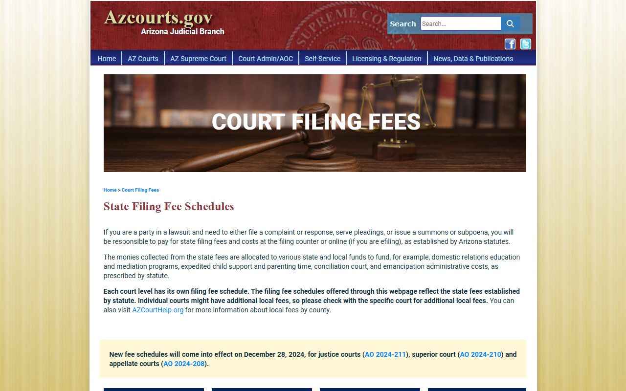 Arizona statewide court filing and copy fee schedule